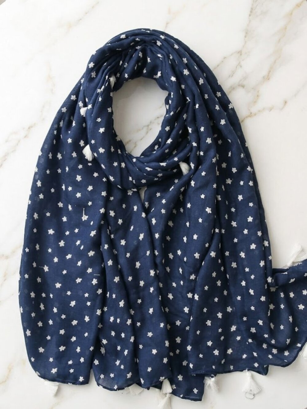 Navy Blue Daisy Pattern Print Scarf